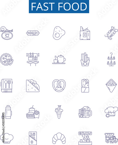 Fast food line icons signs set. Design collection of Burger, Taco, Fries, Pizza, Kebab, Sandwich, Hotdog, Takeaway outline concept vector illustrations