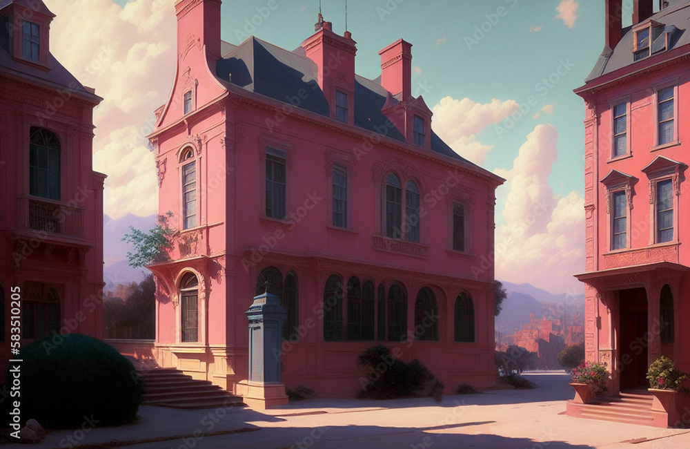 Naklejka premium Illustration of a charming pink building with a beautiful tree in the foreground created with Generative AI technology