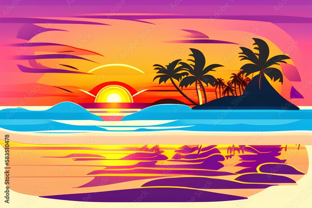 vector sunset tropical beach illustration. flat style nature landscape, seascape,summer season - generative ai

