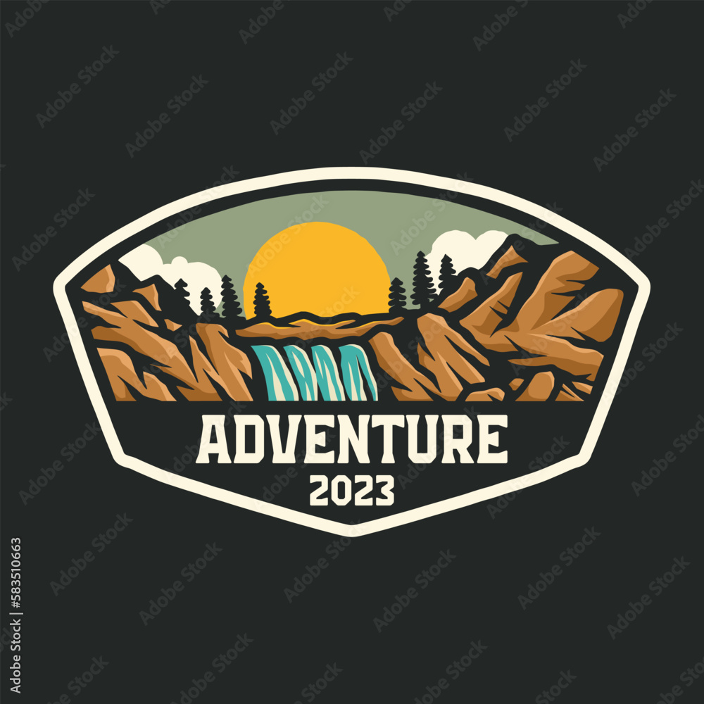 Fototapeta premium Badge Mountain Waterfall Illustration