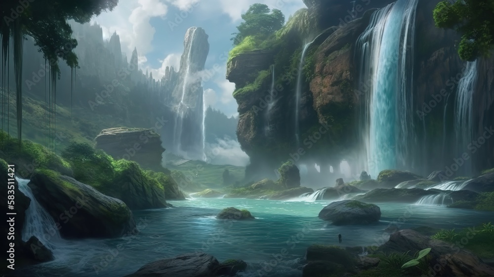 Waterfall Fantasy Backdrop, Concept Art, CG Artwork, Realistic Illustration with Generative AI
Waterfall Fantasy Backdrop, Concept Art, CG Artwork, Realistic Illustration with Generative AI