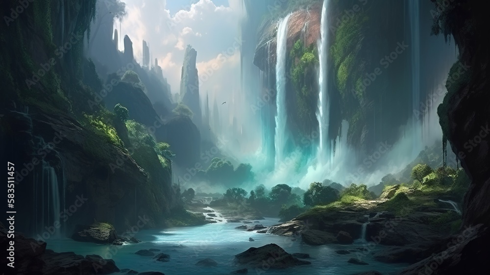 Waterfall Fantasy Backdrop, Concept Art, CG Artwork, Realistic Illustration with Generative AI
