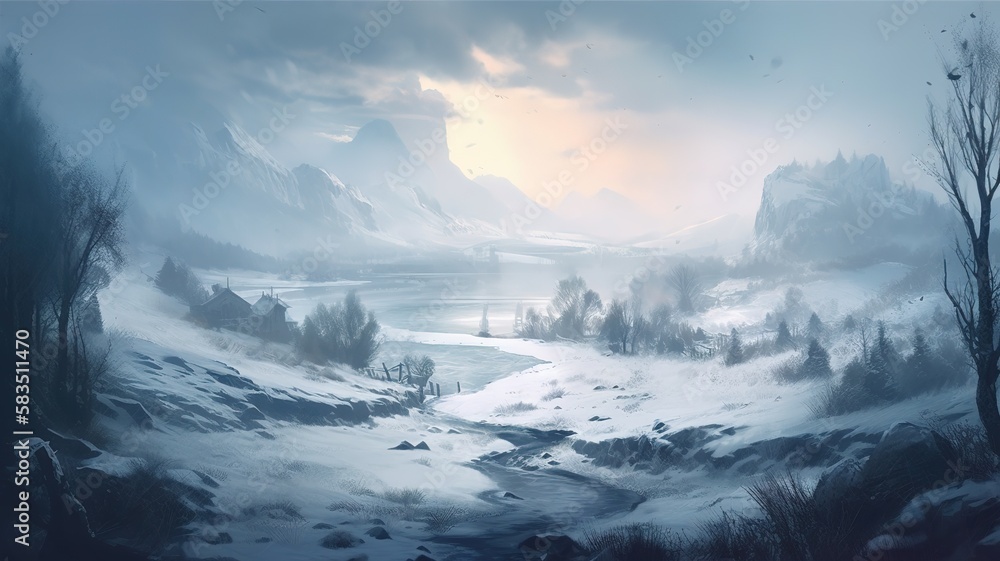 Winter Nature Fantasy Backdrop, Concept Art, CG Artwork, Realistic Illustration with Generative AI
