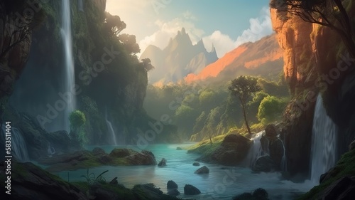 Waterfall Fantasy Backdrop, Concept Art, CG Artwork, Realistic Illustration with Generative AI  © YandiDesigns