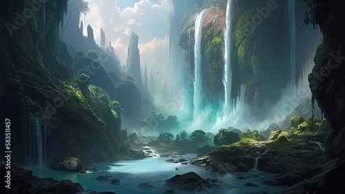 Waterfall Fantasy Backdrop  Concept Art  CG Artwork  Realistic Illustration with Generative AI 