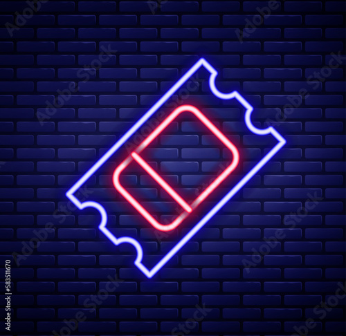 Glowing neon line Circus ticket icon isolated on brick wall background. Amusement park. Colorful outline concept. Vector