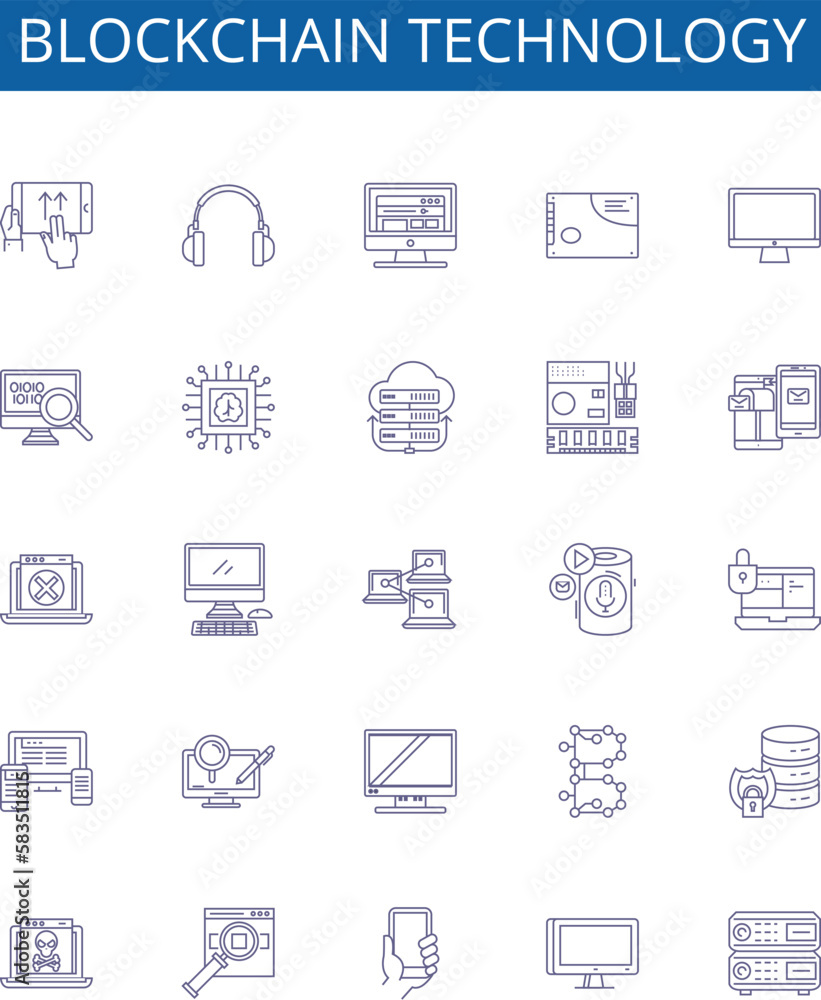Blockchain technology line icons signs set. Design collection of Blockchain, Technology, Decentralized, Ledger, Cryptography, Cryptocurrency, Consensus, Transaction outline concept vector