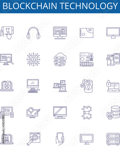 Obraz na płótnie Blockchain technology line icons signs set. Design collection of Blockchain, Technology, Decentralized, Ledger, Cryptography, Cryptocurrency, Consensus, Transaction outline concept vector w salonie