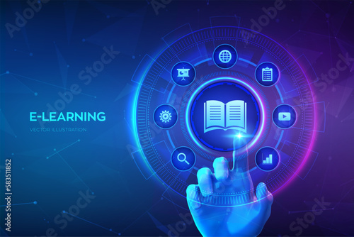 E-learning. Innovative online education and internet technology concept. Webinar, teaching, online training courses. Skill development. Hand touching digital interface. Vector illustration.