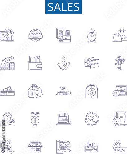 Sales line icons signs set. Design collection of Sales, Merchandising, Profits, Purchasing, Retailing, Marketability, Shipping, Advertising outline concept vector illustrations