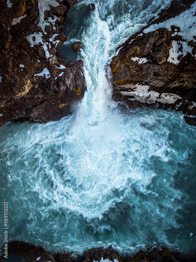 Scenic view from above of Aldeyjarfoss waterfall in north Iceland