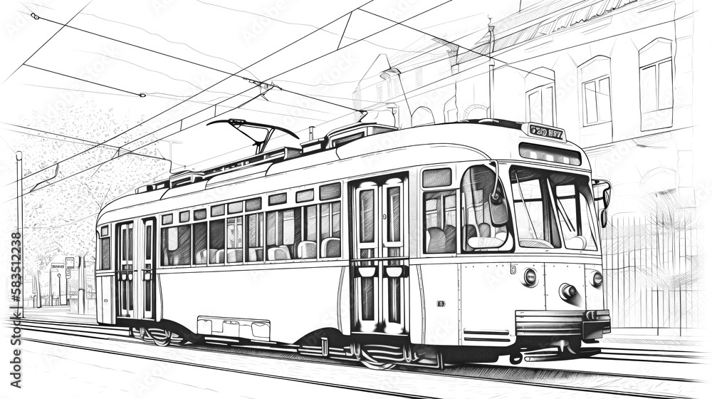 Retro Technical Tram sketches in ink & pencil, capturing iconic European  Tramway , chrome details, and nostalgia. Explore creativity in transportation design. Generative AI.