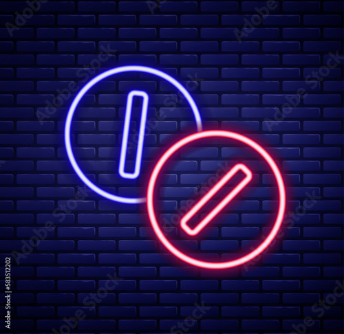 Glowing neon line Toothache painkiller tablet icon isolated on brick wall background. Tooth care medicine. Capsule pill and drug. Pharmacy design. Colorful outline concept. Vector