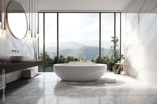 Interior of a bathroom with a white bathtub and a panoramic white marble wall. There was a rug on the floor and a lovely view. a wall model. Generative AI © 2rogan