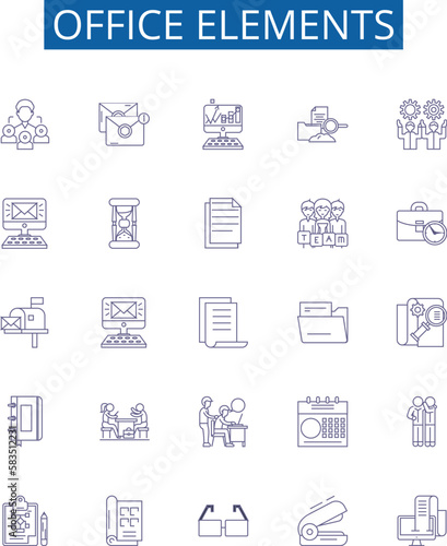 Office elements line icons signs set. Design collection of Desk, Chair, Pen, Printer, Monitor, Keyboard, Computer, File outline concept vector illustrations