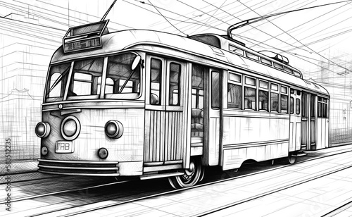 Retro Technical Tram sketches in ink & pencil, capturing iconic European Tramway , chrome details, and nostalgia. Explore creativity in transportation design. Generative AI.