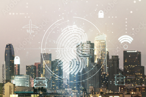 Double exposure of virtual creative fingerprint hologram on Los Angeles office buildings background, protection of personal information concept