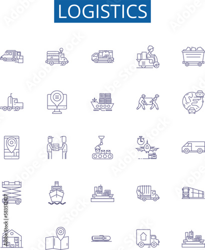 Logistics line icons signs set. Design collection of Distribution, Shipping, Delivery, Transportation, Freight, Channel, Inventory, Management outline concept vector illustrations