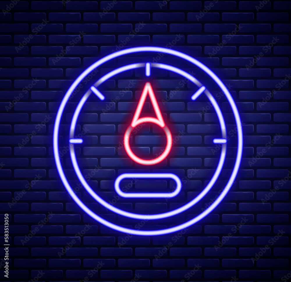 Glowing neon line Motor gas gauge icon isolated on brick wall background. Empty fuel meter. Full tank indication. Colorful outline concept. Vector Glowing neon line Motor gas gauge icon isolated on brick wall background. Empty fuel meter. Full tank indication. Colorful outline concept. Vector