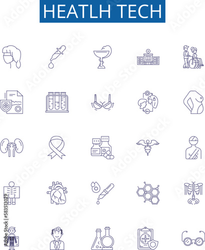 Heatlh tech line icons signs set. Design collection of healthtech, medicaltech, telemedicine, ehealth, digitalhealth, mHealth, healthcaretech, AIhealth outline concept vector illustrations