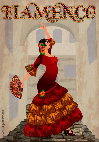 Spanish flamenco dancer woman with fan, invitation card vector illustration	