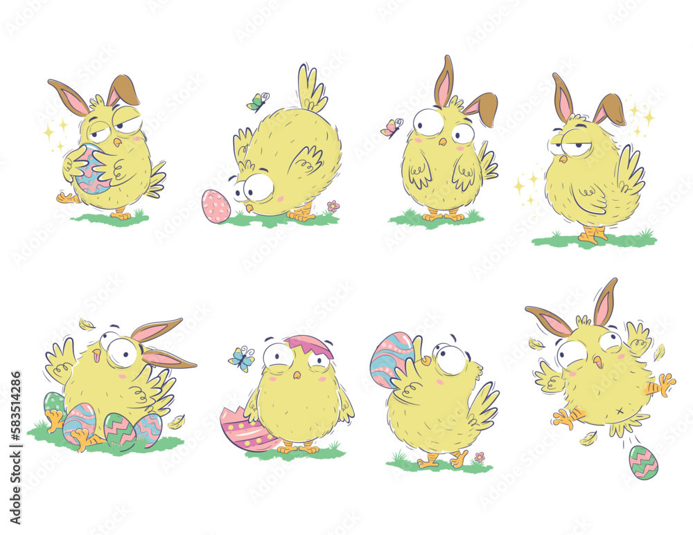 Clipart collection of funny chicks with easter eggs and bunny ears in doodle sketch style. Hand drawn cute chicken set. Clipart collection of funny chicks with easter eggs and bunny ears in doodle sketch style. Hand drawn cute chicken set.