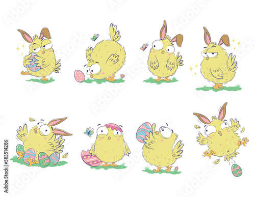 Clipart collection of funny chicks with easter eggs and bunny ears in doodle sketch style. Hand drawn cute chicken set.