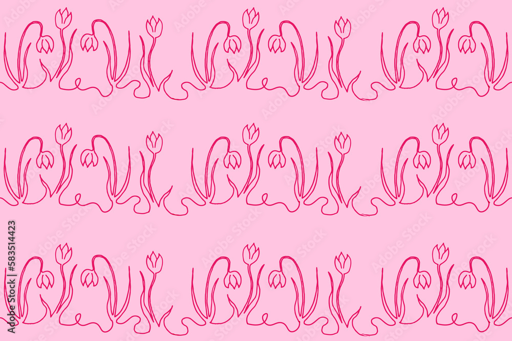 Obraz premium Tender seamless pattern with line art snowdrops on pink background. Wallpaper and bed linen print. Continuous linear flowers.