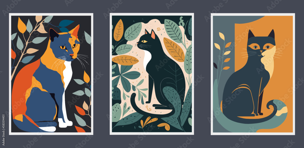 Cat Poster Set allSet of posters with cats and leaves. Vector illustration in flat style Cat Poster Set allSet of posters with cats and leaves. Vector illustration in flat style