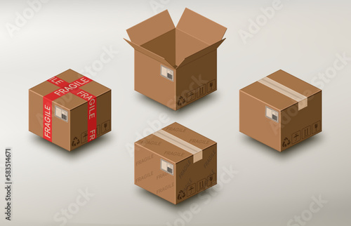 Set of cardboard boxes. Realistic carton box. Adhesive tape, duct tape. Sign of delicate delivery box with a print. Destination ticket with barcode. Fragile content. Post mockup. Vector illustration.
