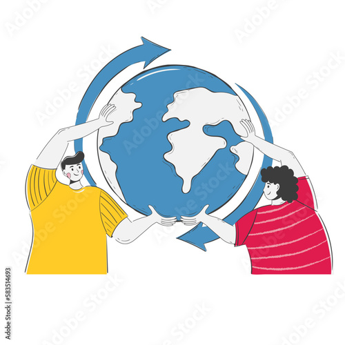 woman and man hold the earth together