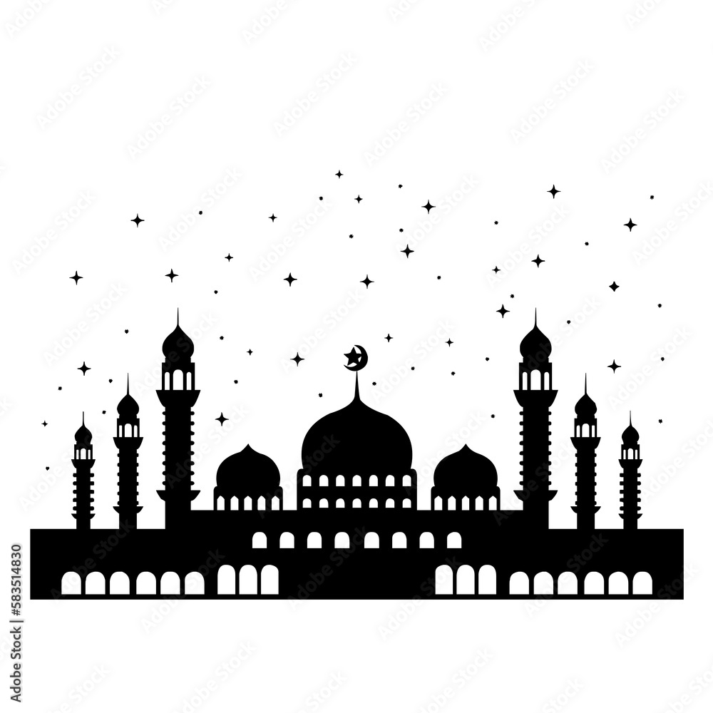 silhouette of mosque with stars illustration, transparent background, 