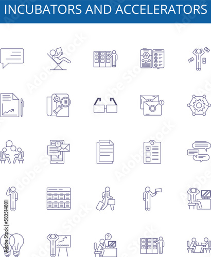 Incubators and accelerators line icons signs set. Design collection of Incubators, Accelerators, Startups, Investment, Innovate, Mentoring, Development, Network outline concept vector illustrations