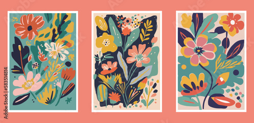 Set of creative cards with hand drawn floral elements. Vector illustration.