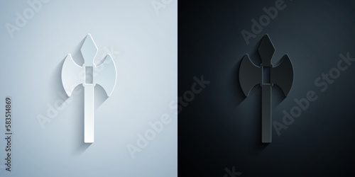 Paper cut Medieval axe icon isolated on grey and black background. Battle axe, executioner axe. Medieval weapon. Paper art style. Vector