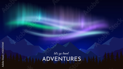 Northern Lights in the Arctic. A bright glow in the night sky. Aurora landscape flat style design. Silhouettes of mountains in the foreground. Vector illustration. Design for banner, background.