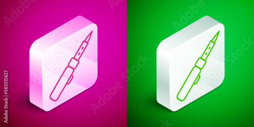Isometric line Soldering iron icon isolated on pink and green background. Silver square button. Vector