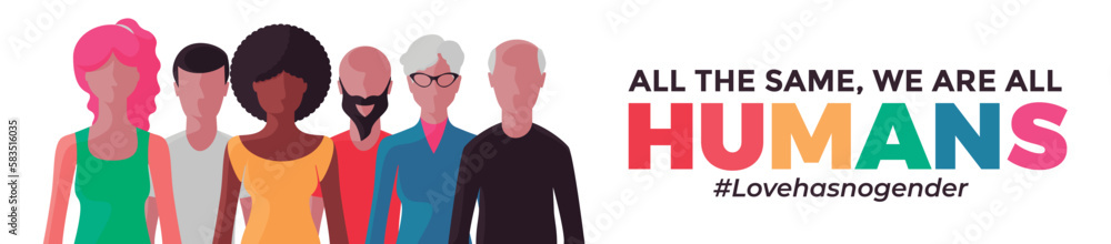 Banner of vectors of multi ethnic group of men and women together with we are all human text. Banner of vectors of multi ethnic group of men and women together with we are all human text.