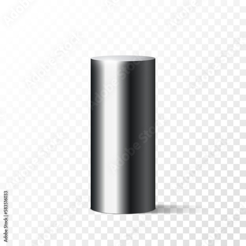 Realistic black metal cylinder pedestal isolated on transparent background. Dark steel glossy detailed pipe with shadow. Round chrome column stand. 3d geometric shape vector illustration