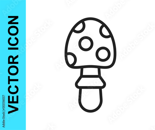 Black line Amanita muscaria or fly agaric hallucinogenic toadstool mushroom icon isolated on white background. Spotted poisonous mushroom. Vector