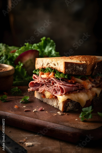 Ruben sandwich. New York sandwich with pastrami. (generative ai)