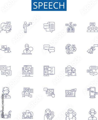 Speech line icons signs set. Design collection of Speech, Oral, Address, Oratory, Talk, Lecture, Monologue, Discourse outline concept vector illustrations