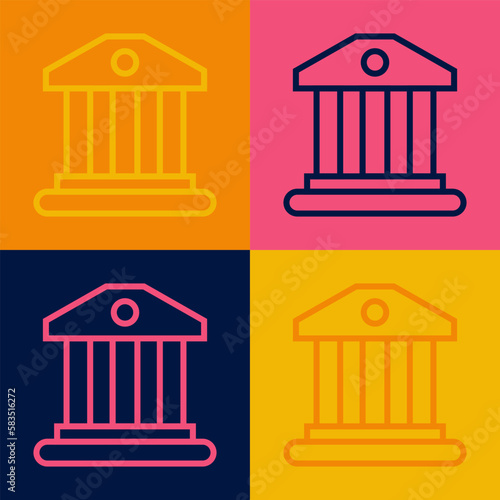 Pop art line Bank building icon isolated on color background. Vector