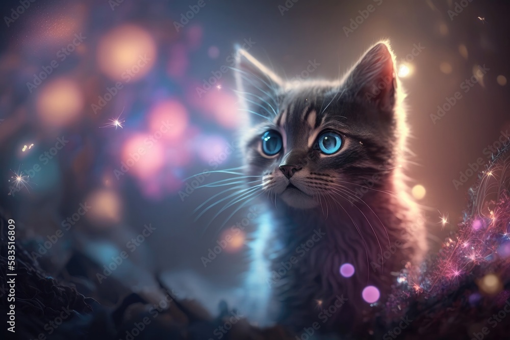 Cat Pink Blue Magical Fantasy Bokeh Backgro  Desktop Wallpapers. Generative AI