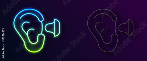 Glowing neon line Earplugs and ear icon isolated on black background. Ear plug sign. Noise symbol. Sleeping quality concept. Vector