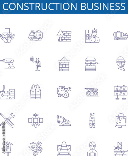 Construction business line icons signs set. Design collection of Building, Structure, Contractor, Developing, Engineering, Materials, Supplies, Construction outline concept vector illustrations