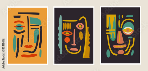 Set of contemporary art posters. native face mask abstract shapes. Vector illustration.