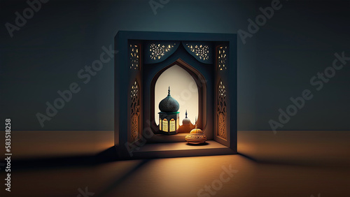 Arabic Lantern With Mosque Inside Islamic Window Copy Space.  Islamic Religious Concept. 3D Render.