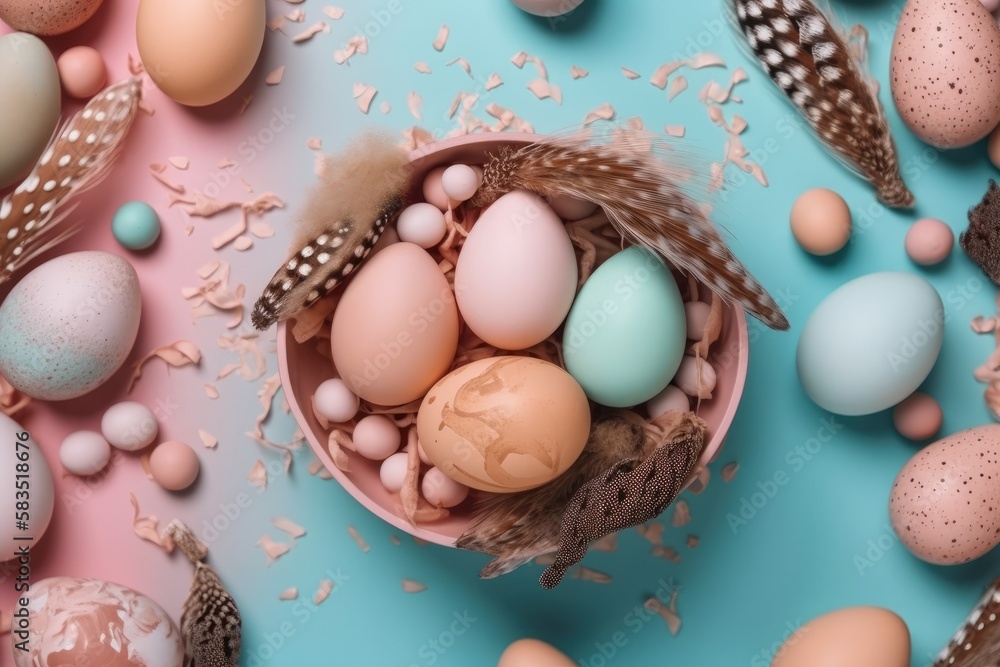 Pastel colored Easter eggs in basket. Easter Holiday concept. Greeting card design. Top view. Generative ai.