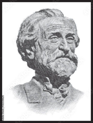 Giuseppe Verdi portrait bust pen sketch illustration. Italian composer. Poster, Wall Decoration, Postcard, Social Media Banner, Brochure Cover Design Background. Vector Pattern.